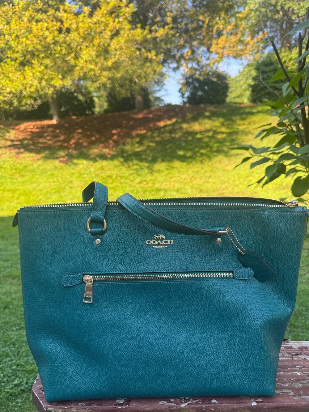 COACH Emerald Green Saffiano Leather Tote with Gold Hardware - Picture 5 of 9